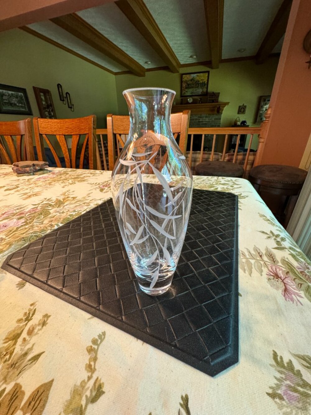 Lenox Lead Crystal Clear Vase with Etching Leaf Pattern 8" Lenox Stamp